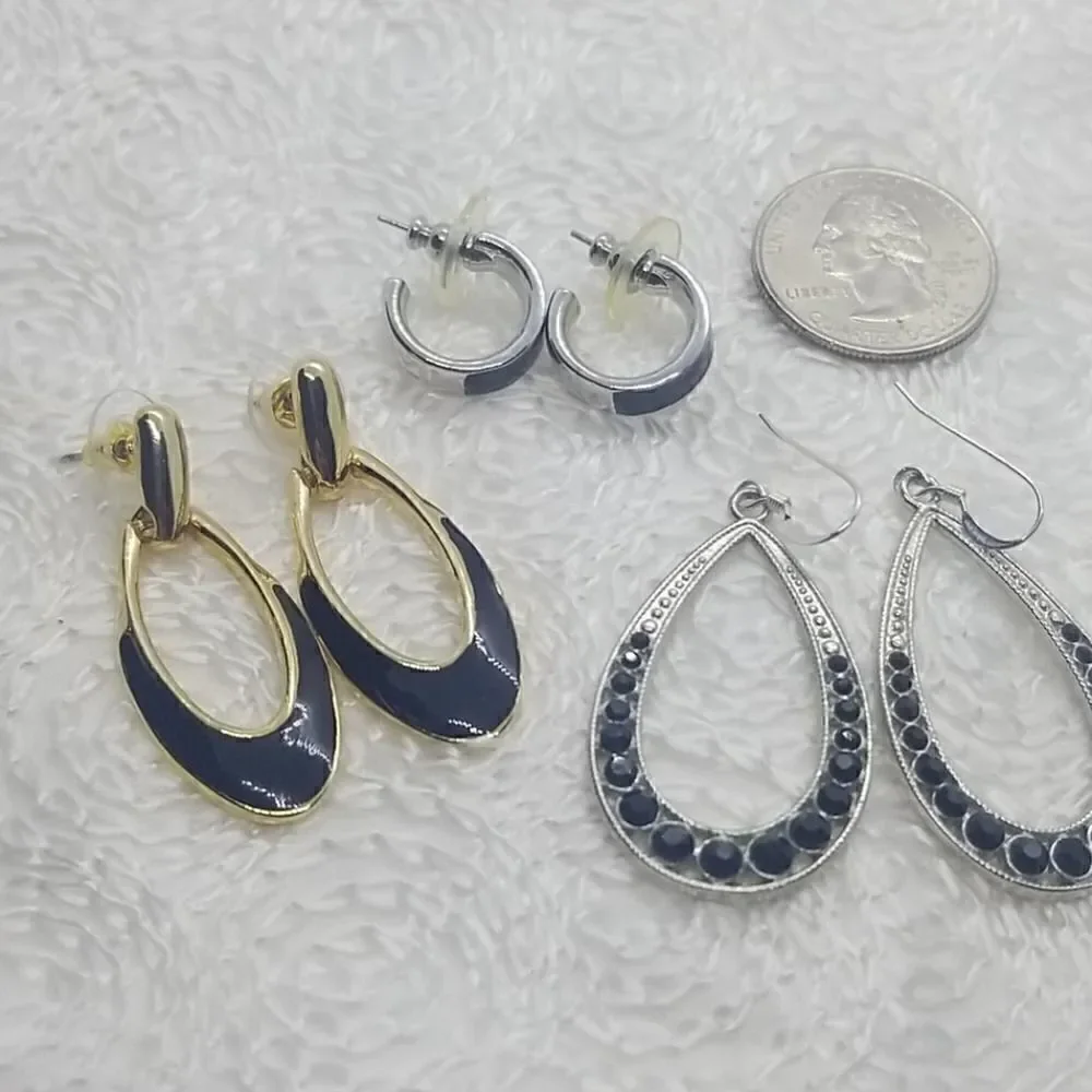 Hoop Earrings 3 Pairs Black Hoop Silver Gold Crystal Earrings